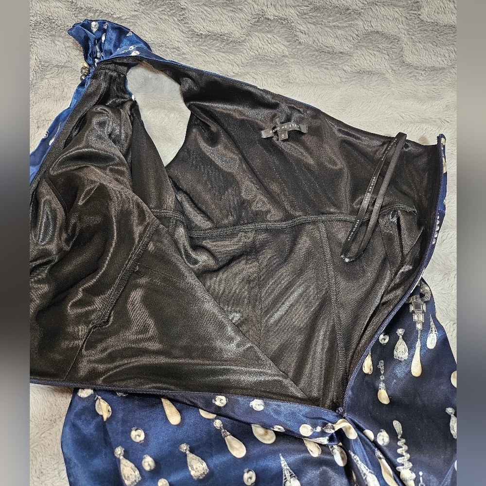 David Meister Blue Pearl Satin One Shoulder Sheath Cocktail Dress Jewel Print 6 - Picture 6 of 13